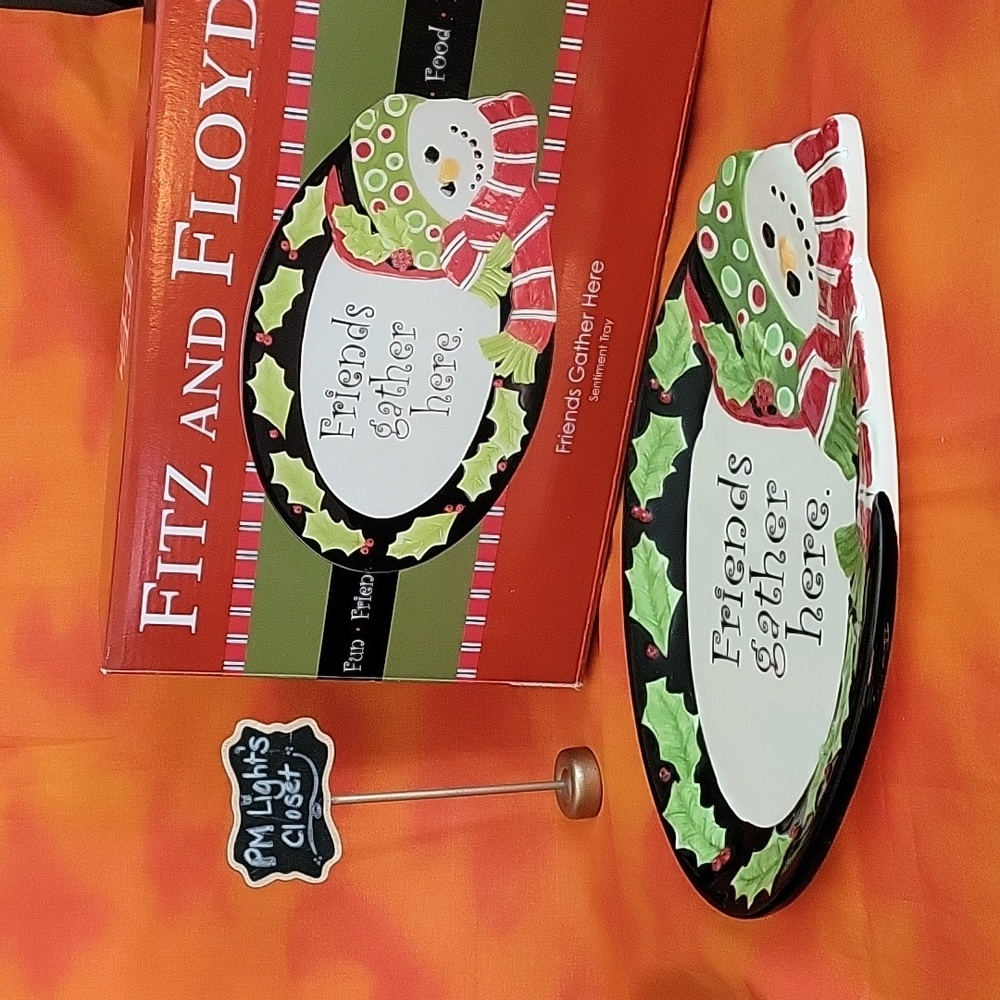 Fitz and Floyd Sentiment Tray Friends Gather Here Christmas Snowman New